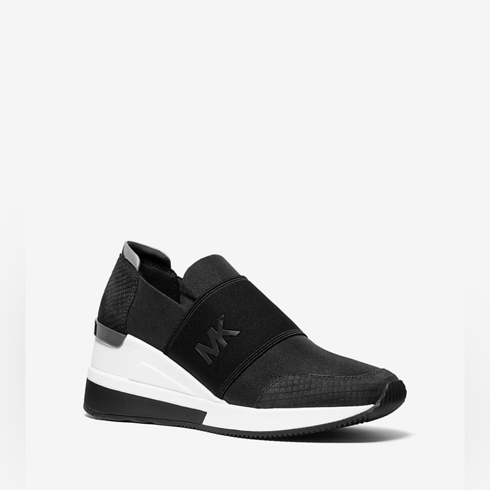 Michael Kors Felix Canvas and Snake-Embossed Nubuck Trainer Wedge